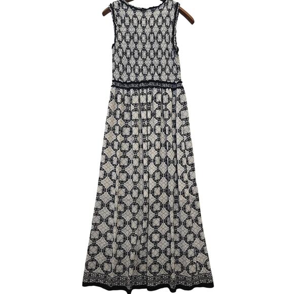 Max Studio Womens Smocked Maxi Dress M Geometric Butterfly Black Ivory Boho - Picture 2 of 12